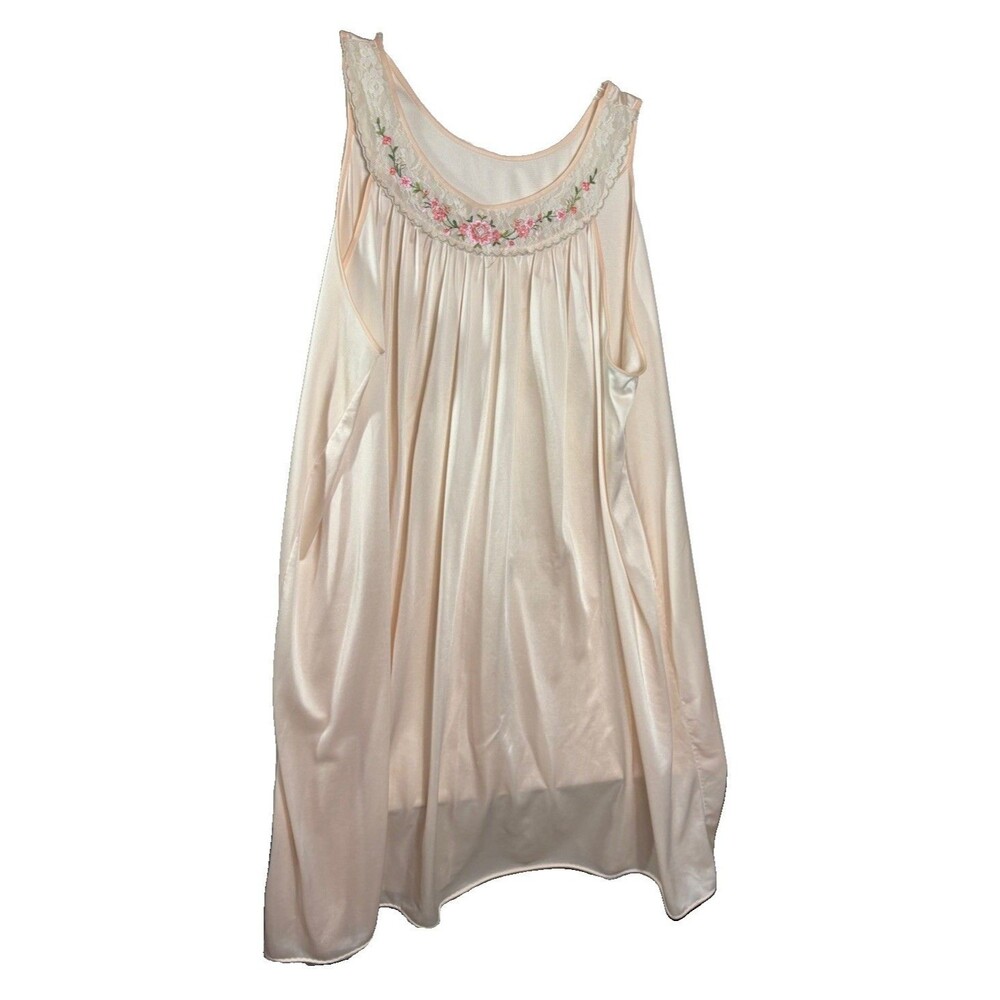 Vintage Lorraine Negligee Nightgown Size L Peach Nylon Floral Lace Long Gown